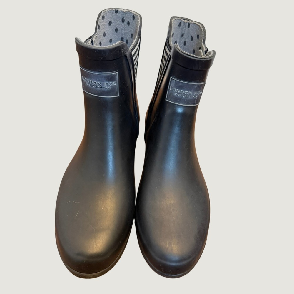 London Fog Womens Black Rubber Rain Boots Striped Goring Ankle Booties Size 6